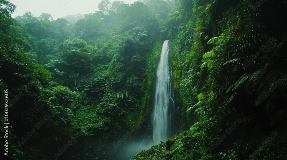Majestic Tropical Waterfall Cascading Through Lush Green Jungle Landscape Majestic Tropical Waterfall Cascading Through Lush Green Jungle Landscape