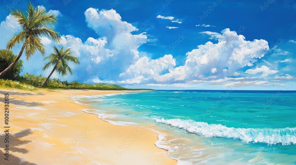 custom made wallpaper toronto digitalA beautiful beach scene with palm trees, white sand, blue ocean, and blue sky with white clouds.