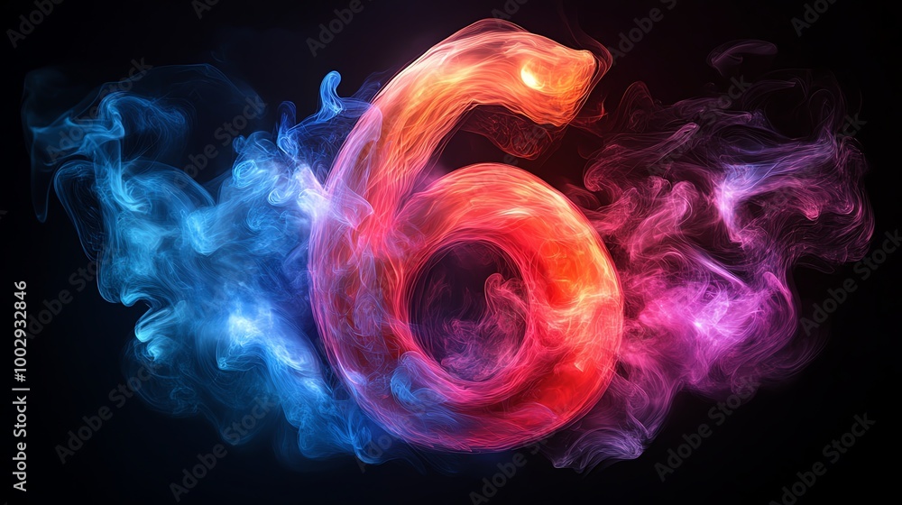 Number 6 formed from vibrant smoke trails in a dark, atmospheric background Number 6 formed from vibrant smoke trails in a dark, atmospheric background