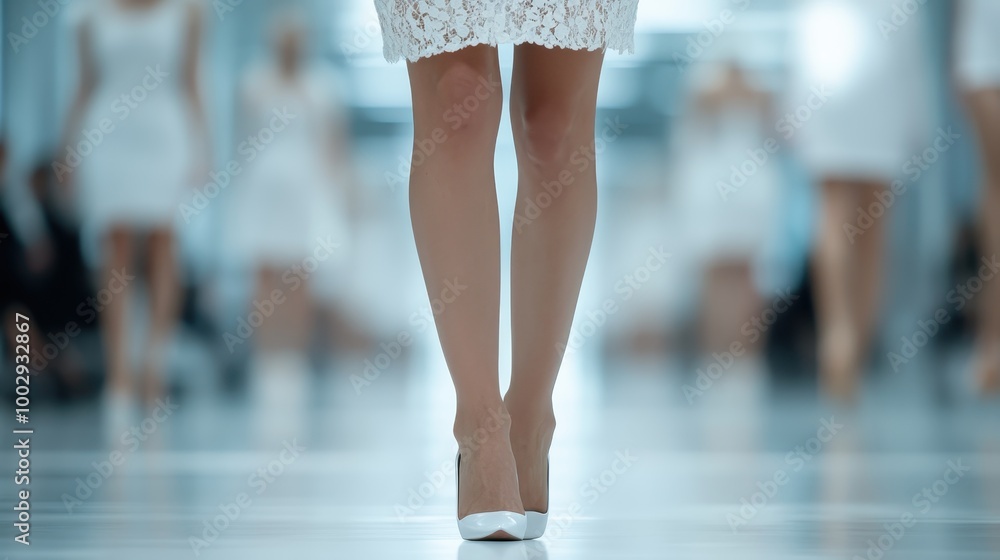 This image presents a front view of a model in white lace attire, striding confidently down the runway, highlighting modeling and contemporary fashion design. This image presents a front view of a model in white lace attire, striding confidently down the runway, highlighting modeling and contemporary fashion design.