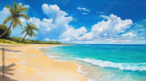 Wallpaper Mural A beautiful beach scene with palm trees, white sand, blue ocean, and blue sky with white clouds. Torontodigital.ca