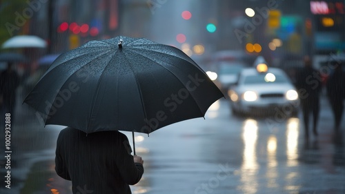 A person standing under a black umbrella in the rain, with blurred city lights and vehicles in the background.