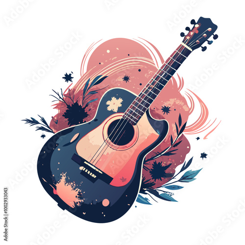 Acoustic guitar with abstract floral design on white background