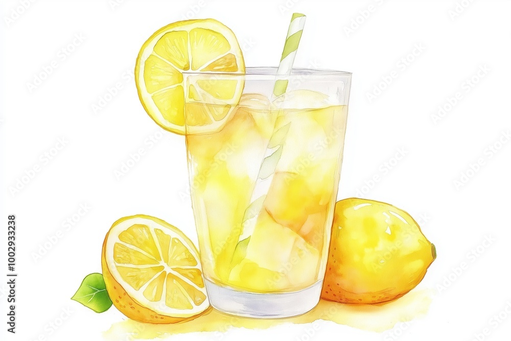 Lemonade glass filled with ice, fresh lemon slices, striped straw, whole lemons beside, bright and refreshing Lemonade glass filled with ice, fresh lemon slices, striped straw, whole lemons beside, bright and refreshing
