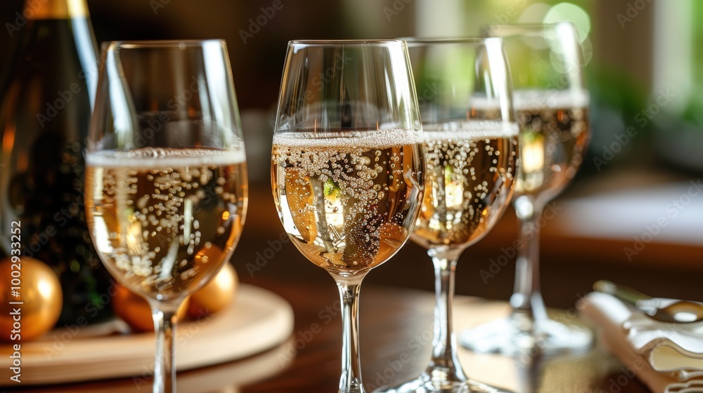 A beautifully composed image showcasing four elegant wine glasses filled with sparkling champagne, set against a warm and inviting background perfect for celebrations A beautifully composed image showcasing four elegant wine glasses filled with sparkling champagne, set against a warm and inviting background perfect for celebrations