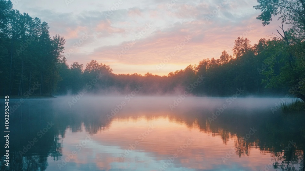 A serene sunrise over a misty lake surrounded by trees, reflecting soft colors in the water. A serene sunrise over a misty lake surrounded by trees, reflecting soft colors in the water.