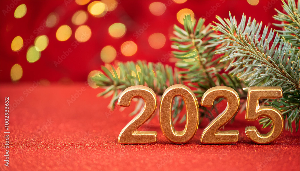 Golden number 2025 and green fir branch on red backdrop, Christmas light bokeh. New Year. Golden number 2025 and green fir branch on red backdrop, Christmas light bokeh. New Year.
