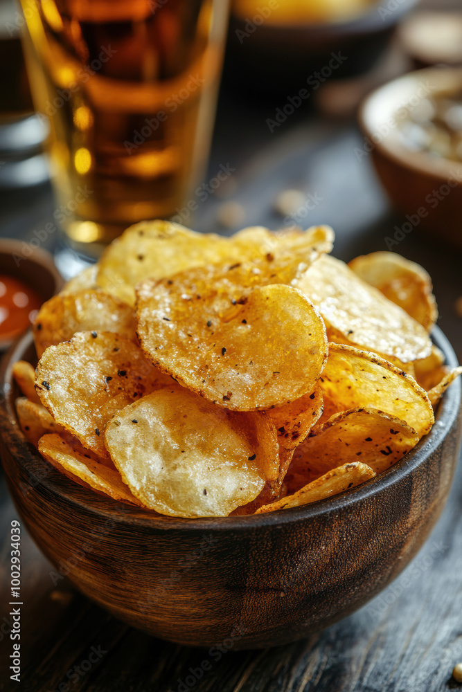 Crispy Chips and Cold Beer Close-Up Crispy Chips and Cold Beer Close-Up