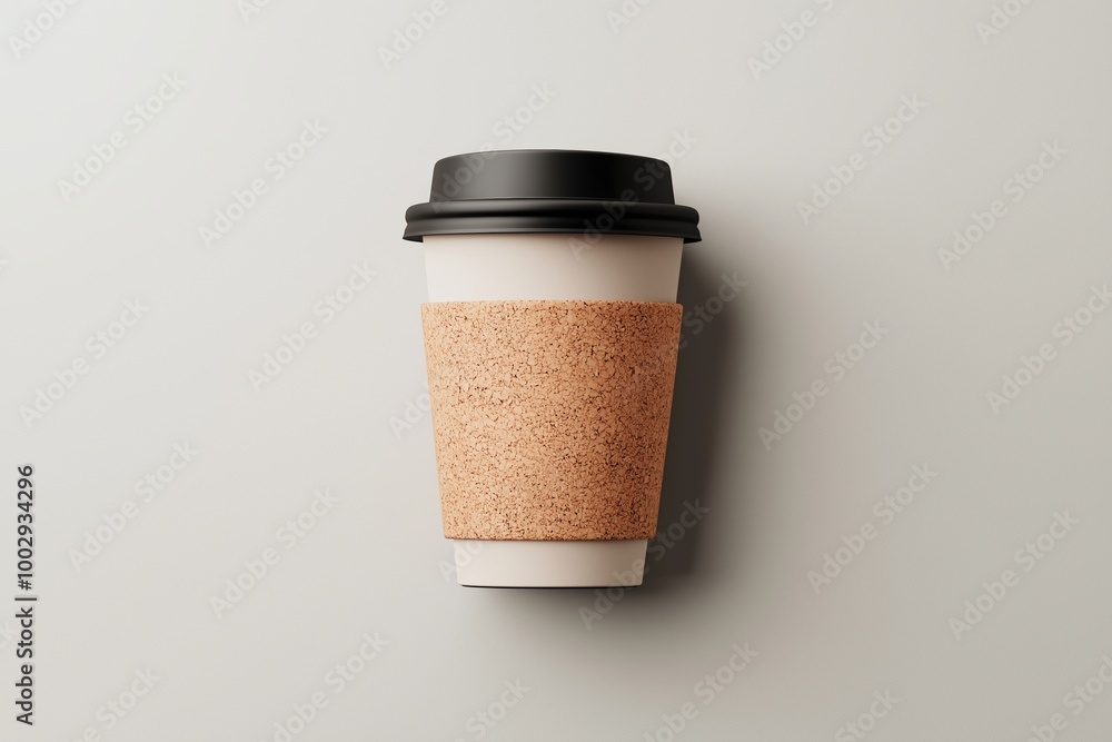 Coffee cup with cork holder top view on neutral background, minimalist design Coffee cup with cork holder top view on neutral background, minimalist design