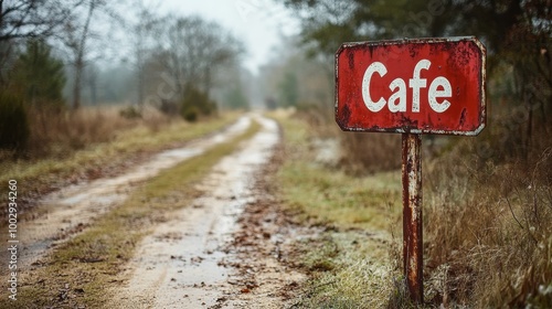 A rustic and weathered signpost with the word 'Cafe' written on it situated along a muddy, forested rural pathway, depicting a serene and quiet countryside setting