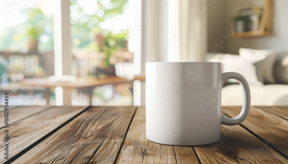 White blank coffee mug on the top of wooden table with blurred interior background. Blank coffee cup mug mockup template. MZ White blank coffee mug on the top of wooden table with blurred interior background. Blank coffee cup mug mockup template. MZ