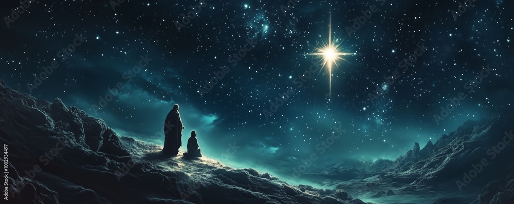 A wise man follows a radiant star through a tranquil night sky to find a newborn A wise man follows a radiant star through a tranquil night sky to find a newborn