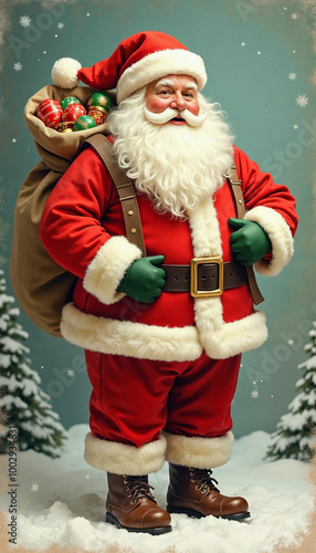 retro-style Santa Claus in his red suit, holding a sack of toys