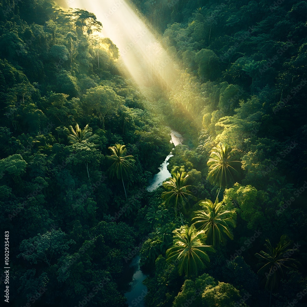 Obraz premium Sunlight streams through the lush canopy of a tropical rainforest, illuminating the winding river below.