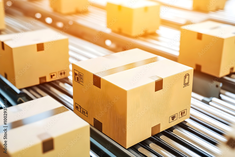 Cardboard boxes moving on a conveyor belt in a distribution center, representing shipping, logistics, and delivery process. Close-up Cardboard boxes moving on a conveyor belt in a distribution center, representing shipping, logistics, and delivery process. Close-up