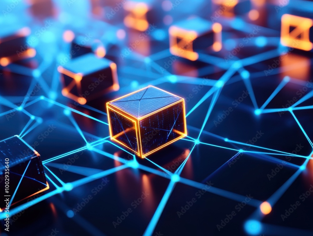 Obraz premium Futuristic digital technology with glowing geometric shapes and interconnected lines, symbolizing advanced connectivity.