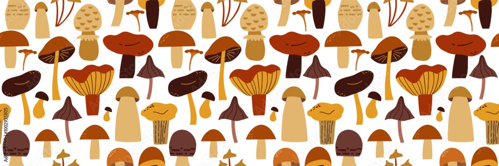 Seamless pattern with various hand drawn mushrooms. Autumn, mushrooms. Vector illustration in flat style. Seamless pattern with various hand drawn mushrooms. Autumn, mushrooms. Vector illustration in flat style.