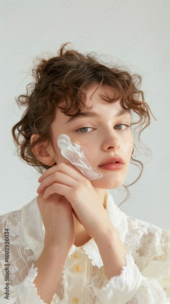 A beautiful woman with curly hair applies white cream on her face in a beauty studio, gazing directly at the camera. The scene is set against a gray wall, creating a pro and elegant atmosphere. A beautiful woman with curly hair applies white cream on her face in a beauty studio, gazing directly at the camera. The scene is set against a gray wall, creating a pro and elegant atmosphere.