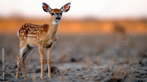 A fawn wanders through a vast open space, its speckled coat blending beautifully with the expansive wilderness, embodying grace and freedom amidst the natural world. photo