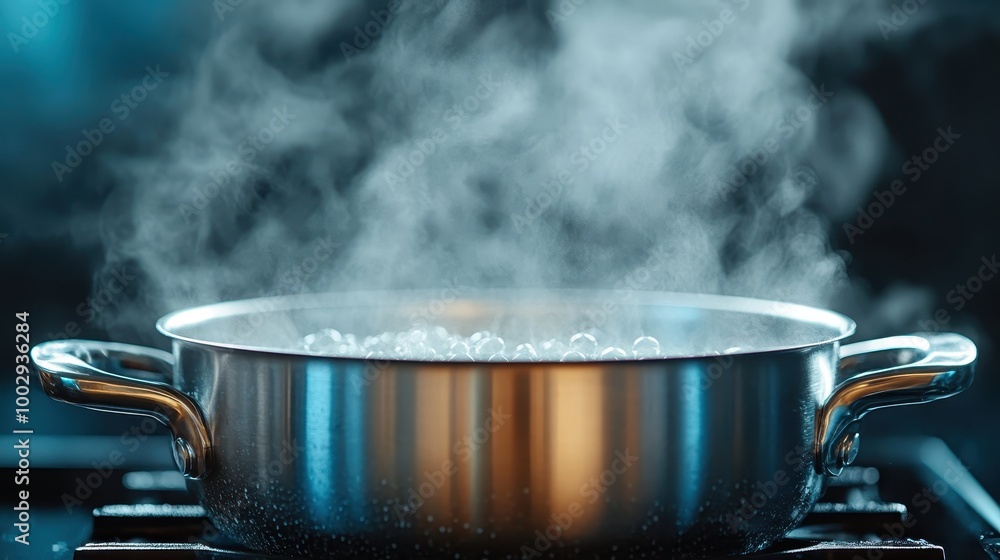 A stainless steel pot filled with rapidly boiling water sits on the stove, releasing steam, capturing a moment of simple daily life with dynamic energy. A stainless steel pot filled with rapidly boiling water sits on the stove, releasing steam, capturing a moment of simple daily life with dynamic energy.