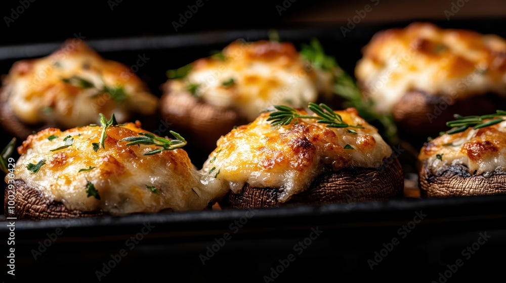 Baked stuffed mushrooms topped with golden-brown melted cheese and sprinkled with fresh herbs, a visually appealing and delicious culinary experience for gourmet food lovers. Baked stuffed mushrooms topped with golden-brown melted cheese and sprinkled with fresh herbs, a visually appealing and delicious culinary experience for gourmet food lovers.