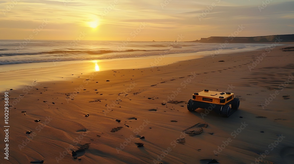 At dawn a robotic beach cleaner glides across golden sands At dawn a robotic beach cleaner glides across golden sands