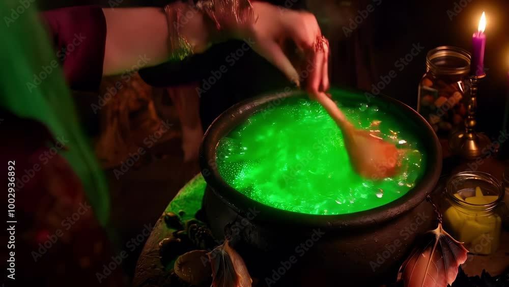 Witch brewing magical potion in cauldron with glowing bottles eye of newt candlelight, spooky Halloween setting Witch brewing magical potion in cauldron with glowing bottles eye of newt candlelight, spooky Halloween setting