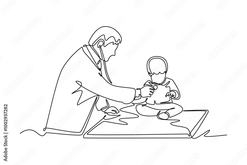 Continuous one line drawing of male pediatric doctor examining heart beat of toddler little boy patient with stethoscope. Medical health care treatment. Single line design vector graphic illustration Continuous one line drawing of male pediatric doctor examining heart beat of toddler little boy patient with stethoscope. Medical health care treatment. Single line design vector graphic illustration