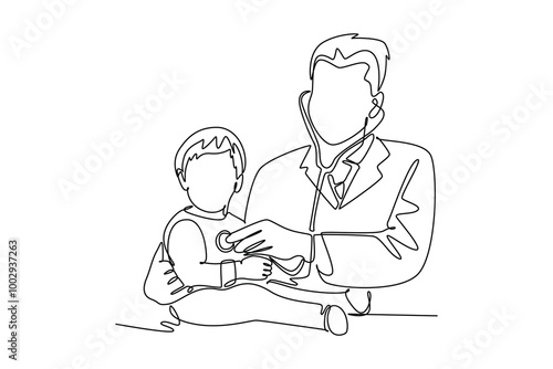 Continuous one line drawing male pediatric doctor examining heart beat of cute toddler boy patient with stethoscope. Medical health care treatment. Single line draw design vector graphic illustration