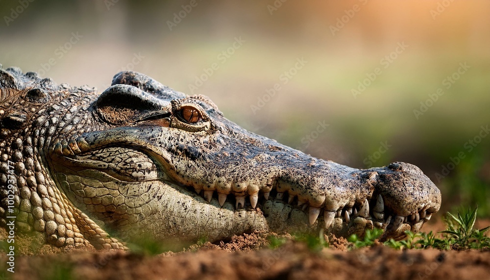 A close-up of a crocodile’s snout breaking through turf, dirt clinging to its rough skin. Th 
