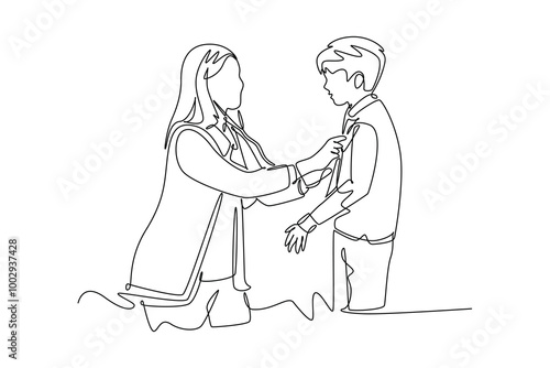 Continuous one line drawing of female pediatric doctor examining heart beat of little boy patient with stethoscope. Medical health care treatment. Single line draw design vector graphic illustration