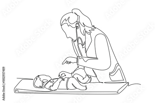Continuous one line drawing of young female pediatric doctor examining baby health condition and check the heart beat. Medical health care service. Single line draw design vector graphic illustration