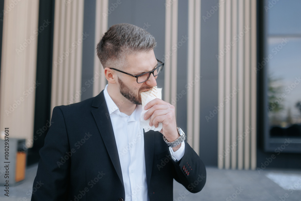 White-Collar Worker Eating Sandwich Outdoors in the Metropolitan Business District White-Collar Worker Eating Sandwich Outdoors in the Metropolitan Business District