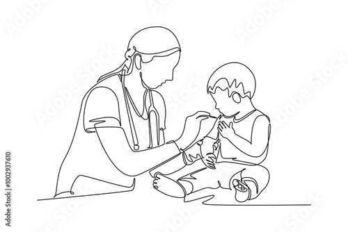 Continuous one line drawing of female pediatric doctor giving vaccine immunization injection to little boy patient. Medical health care treatment. Single line draw design vector graphic illustration