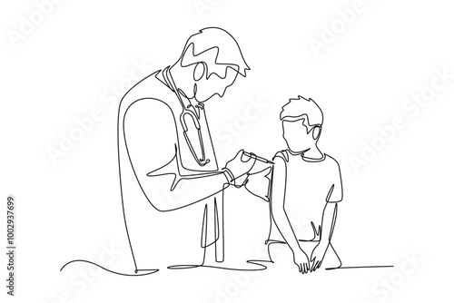 Single continuous line drawing male pediatric doctor giving vaccine injection to little boy patient at hospital. Medical healthcare treatment concept. One line draw graphic design vector illustration