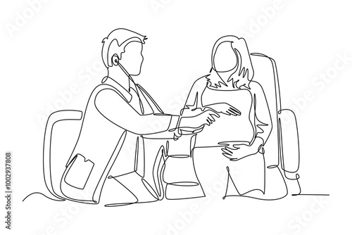 Single continuous line drawing smart male obstetrics and gynecology doctor checking young pregnant mom laying on sofa. Pregnancy health care treatment. One line draw graphic design vector illustration