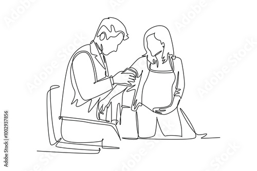 Single continuous line drawing male obstetrics and gynecology doctor checking the patient's blood pressure and fetal condition. Pregnancy health care. One line draw graphic design vector illustration