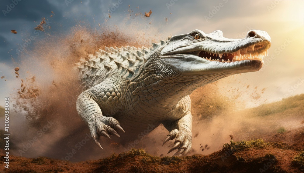 A muscular crocodile bursting through a thick layer of earth, chunks of soil and grass flyin A muscular crocodile bursting through a thick layer of earth, chunks of soil and grass flyin