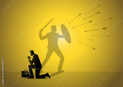 businessman kneels and asks god for protection