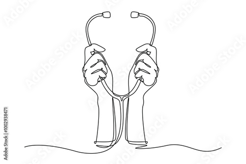 Single continuous line drawing doctor hands raised up and holding stethoscope. Medical help for sick patient in hospital or clinic health care. Dynamic one line draw graphic design vector illustration