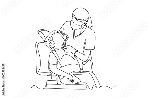 Single one line drawing of female dentist examining little boy patient condition at dental clinic. Medical health care service workers concept. Continuous line draw design graphic vector illustration