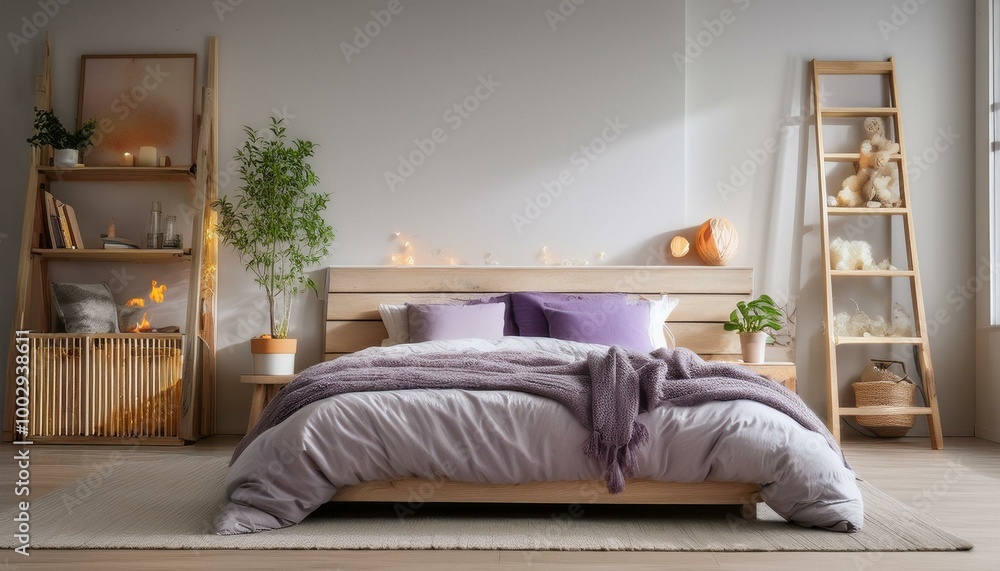 A serene Scandinavian bedroom featuring a wooden bed frame with luxurious purple bedding, a A serene Scandinavian bedroom featuring a wooden bed frame with luxurious purple bedding, a