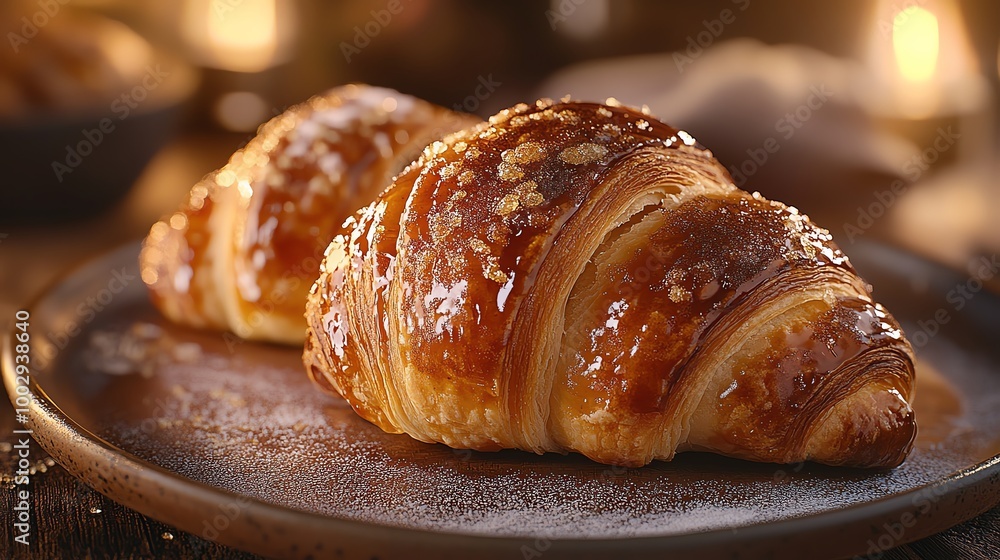 Croissants topped with caramelized sugar and cinnamon, golden brown crust highlighted by warm lighting, croissant, sweet breakfast treat Croissants topped with caramelized sugar and cinnamon, golden brown crust highlighted by warm lighting, croissant, sweet breakfast treat