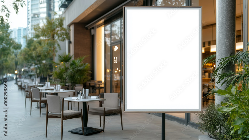 Outdoor blank Billboard Mockup, on a bustling city sidewalk surrounded by vibrant shops Outdoor blank Billboard Mockup, on a bustling city sidewalk surrounded by vibrant shops