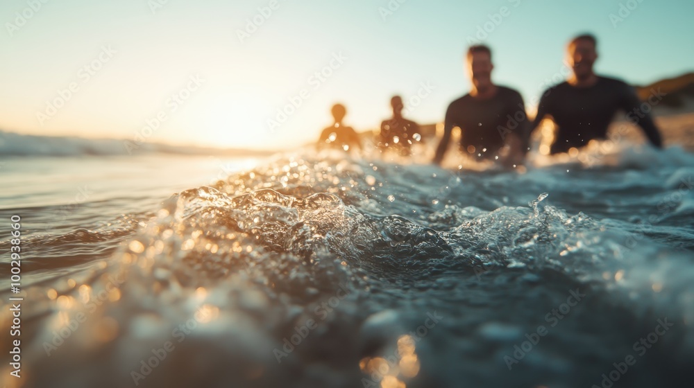 A picturesque image showing people immersed in the waves of the ocean at sunset, capturing the joy and tranquility of a warm, idyllic evening near the sea. A picturesque image showing people immersed in the waves of the ocean at sunset, capturing the joy and tranquility of a warm, idyllic evening near the sea.