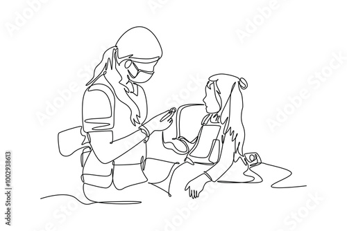 Single one line drawing female dentist examining and doing filling tooth to little beautiful girl patient. Teeth treatment care concept. Modern continuous line draw design graphic vector illustration