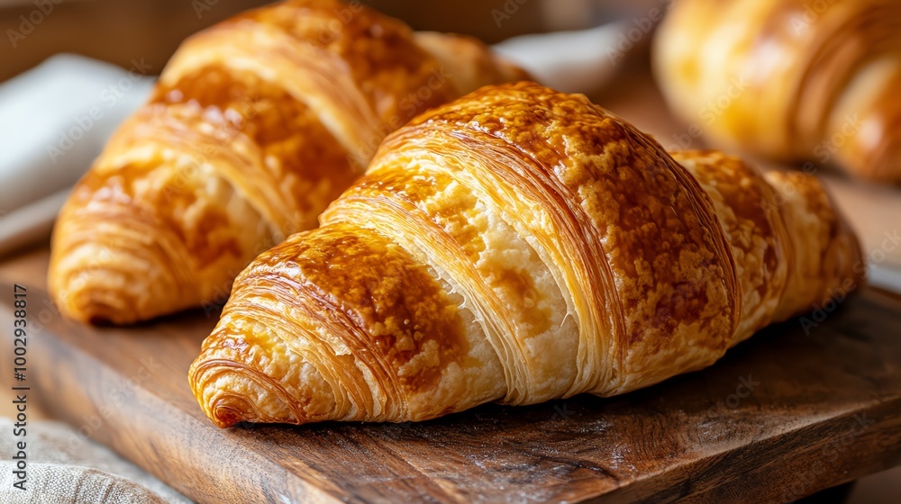 Freshly baked croissants with golden, flaky layers, placed on a rustic wooden board, soft natural light emphasizing texture, croissant, artisanal bakery treat Freshly baked croissants with golden, flaky layers, placed on a rustic wooden board, soft natural light emphasizing texture, croissant, artisanal bakery treat