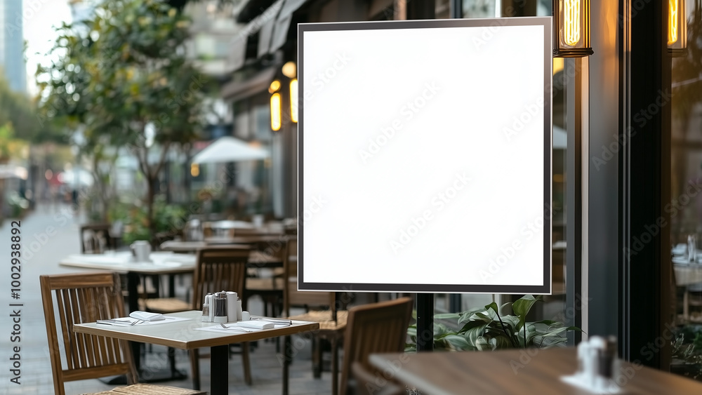 Outdoor blank Billboard Mockup, on a bustling city sidewalk surrounded by vibrant shops Outdoor blank Billboard Mockup, on a bustling city sidewalk surrounded by vibrant shops