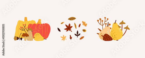 Composition with pumpkin, mushrooms and acorns. Autumn, the inscription hello autumn. Hand drawn vector illustration in flat style.