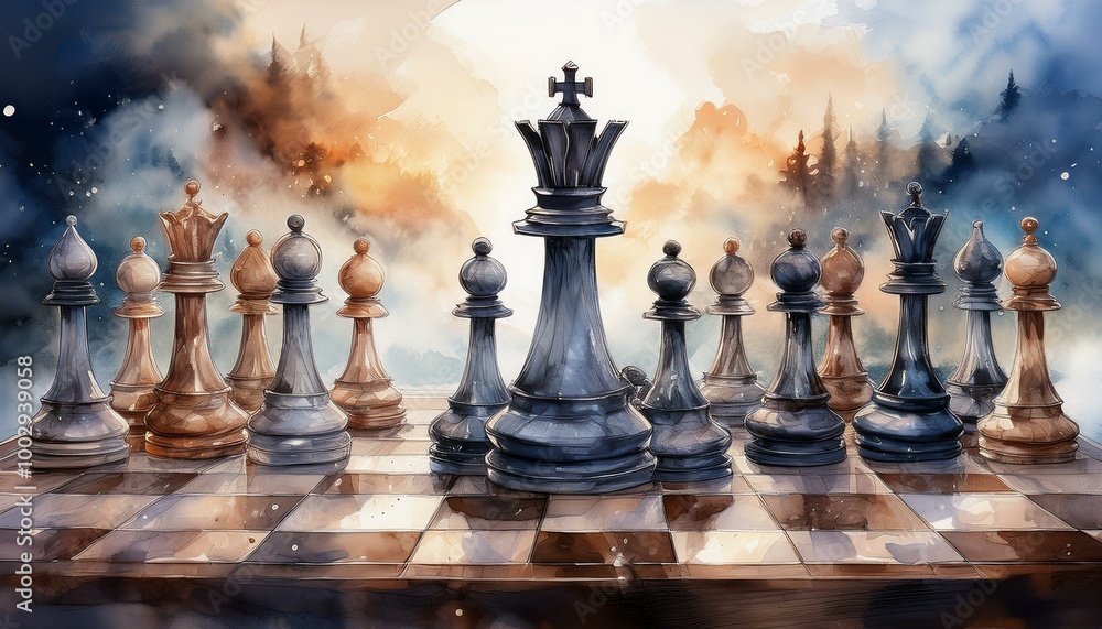 Chess pieces in watercolor, emerging from the misty edges of the board, with only a few key Chess pieces in watercolor, emerging from the misty edges of the board, with only a few key
